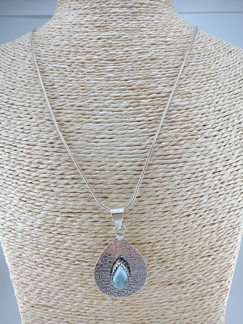 Larimar Teardrop Filigree Sterling Silver Pendant Necklace Artisan Jewelry